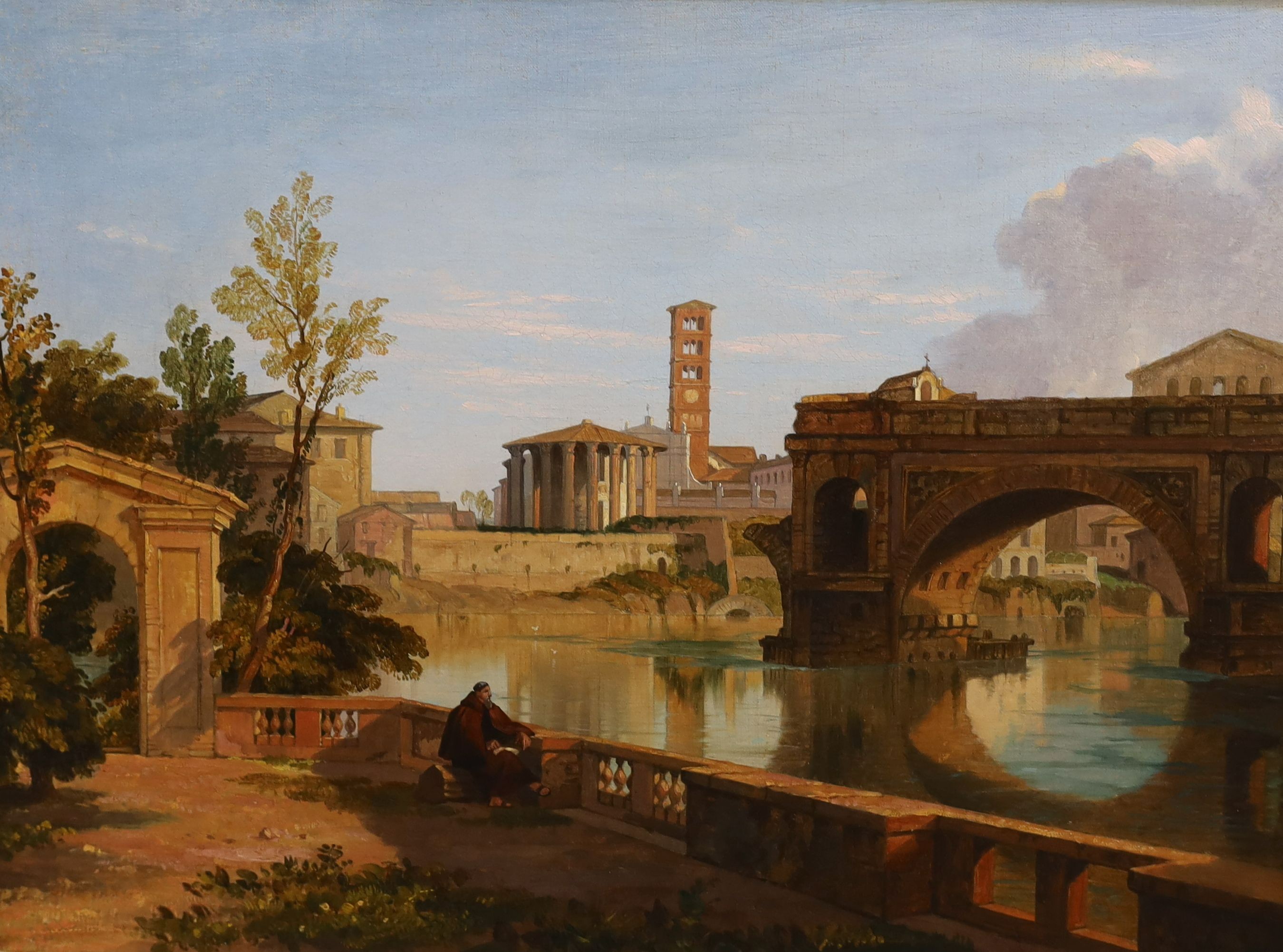 Attributed to Penry Williams (1800-1885), A view on the Tiber looking towards the Palantine Hill with Santa Maria in Cosmedin and the Temple of Vesta, oil on canvas, 34 x 45cm